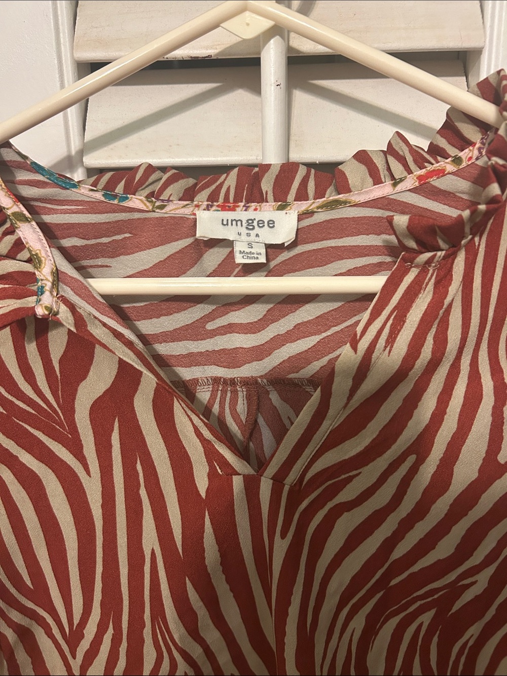 Umgee Rust & Cream Zebra-Print V-Neck Blouse - Picture 2 of 5